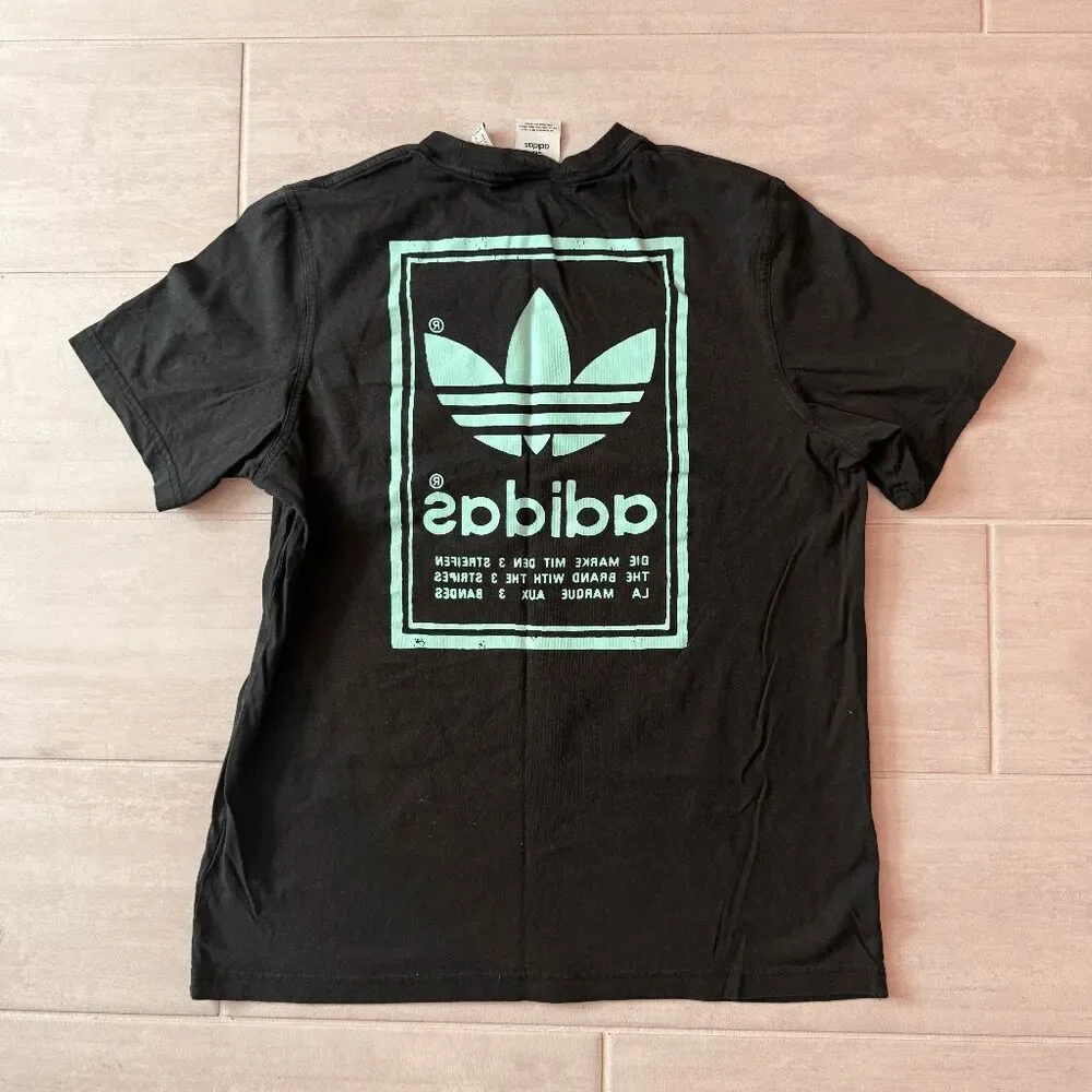 Men's Adidas Tee Short Sleeve Graphic Shirt Black Teal Logo Large Cotton